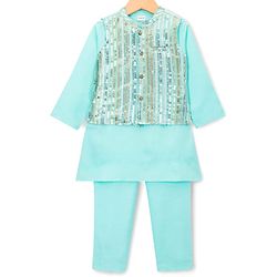 Babyhug Cambric Woven Full Sleeves Kurta Pajama & Jacket Set With Sequin Detailing - Aqua