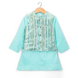 Babyhug Cambric Woven Full Sleeves Kurta Pajama & Jacket Set With Sequin Detailing - Aqua
