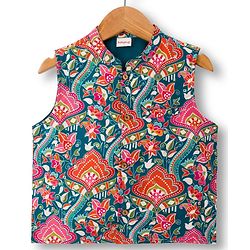 Babyhug Cambric Woven Full Sleeves Kurta Pajama & Jacket Set With Floral Print - Teal Blue