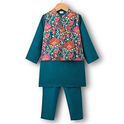 Babyhug Cambric Woven Full Sleeves Kurta Pajama & Jacket Set With Floral Print - Teal Blue