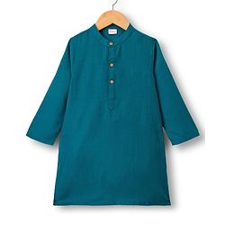 Babyhug Cambric Woven Full Sleeves Kurta Pajama & Jacket Set With Floral Print - Teal Blue