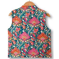 Babyhug Cambric Woven Full Sleeves Kurta Pajama & Jacket Set With Floral Print - Teal Blue