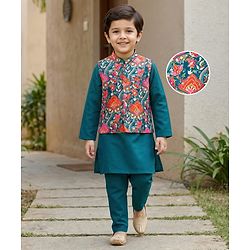 Babyhug Cambric Woven Full Sleeves Kurta Pajama & Jacket Set With Floral Print - Teal Blue