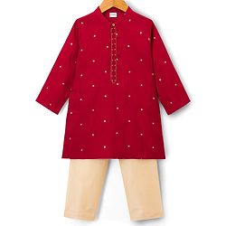 Babyhug Woven Full Sleeves Kurta Pajama Set With Foil Embroidered  - Maroon