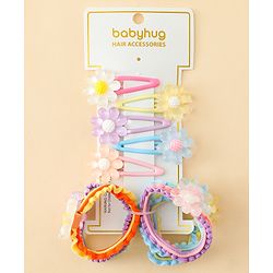 Babyhug Hair Rubber Bands & Clips with Floral Applique Combo Set  10 Pieces  - Multicolor