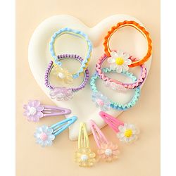 Babyhug Hair Rubber Bands & Clips with Floral Applique Combo Set  10 Pieces  - Multicolor