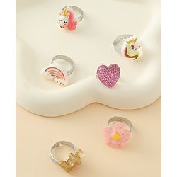 Babyhug Finger Ring Set With Floral Rainbow & Unicorn Applique Pack of  6- Multi Colour