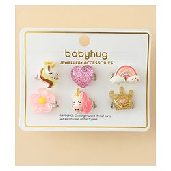 Babyhug Finger Ring Set With Floral Rainbow & Unicorn Applique Pack of  6- Multi Colour