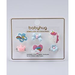 Babyhug Finger Ring Set With Floral Bow & Unicorn Applique Pack of  6- Multi Colour