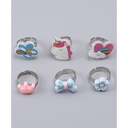 Babyhug Finger Ring Set With Floral Bow & Unicorn Applique Pack of  6- Multi Colour