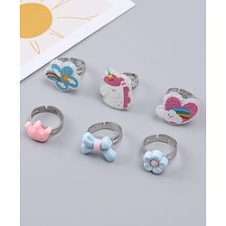 Babyhug Finger Ring Set With Floral Bow & Unicorn Applique Pack of  6- Multi Colour