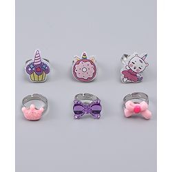 Babyhug Finger Ring Set With Cupcake Bow & Cat Applique Detailed Pack of  6- Multi Colour