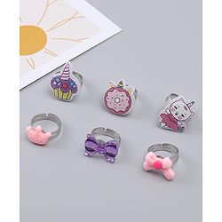 Babyhug Finger Ring Set With Cupcake Bow & Cat Applique Detailed Pack of  6- Multi Colour