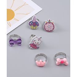 Babyhug Finger Ring Set With Cupcake Bow & Cat Applique Detailed Pack of  6- Multi Colour