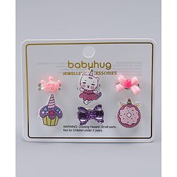Babyhug Finger Ring Set With Cupcake Bow & Cat Applique Detailed Pack of  6- Multi Colour