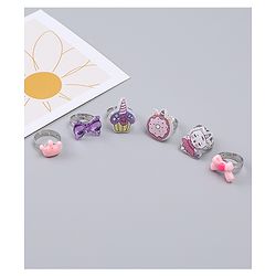 Babyhug Finger Ring Set With Cupcake Bow & Cat Applique Detailed Pack of  6- Multi Colour