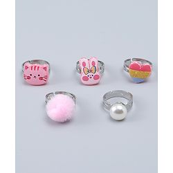Babyhug Finger Ring Set With Cat Bunny & Pearl Applique Pack of  5- Multi Colour