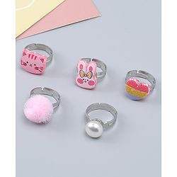 Babyhug Finger Ring Set With Cat Bunny & Pearl Applique Pack of  5- Multi Colour