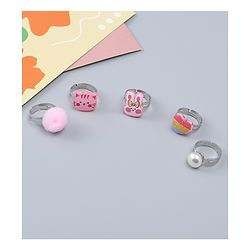 Babyhug Finger Ring Set With Cat Bunny & Pearl Applique Pack of  5- Multi Colour
