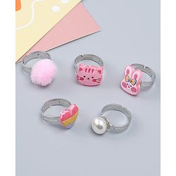 Babyhug Finger Ring Set With Cat Bunny & Pearl Applique Pack of  5- Multi Colour