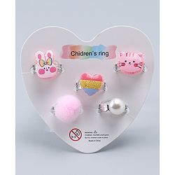 Babyhug Finger Ring Set With Cat Bunny & Pearl Applique Pack of  5- Multi Colour