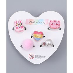Babyhug Finger Ring Set With Cat Bunny & Pearl Applique Pack of  5- Multi Colour
