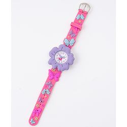 Babyhug Free Size Floral Shaped Analog Watch With Butterfly Applique - Dark Pink