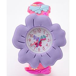 Babyhug Free Size Floral Shaped Analog Watch With Butterfly Applique - Dark Pink