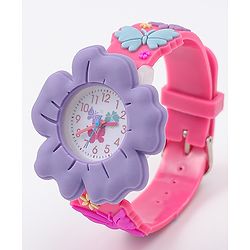 Babyhug Free Size Floral Shaped Analog Watch With Butterfly Applique - Dark Pink