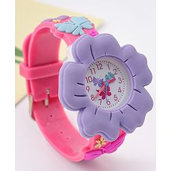 Babyhug Free Size Floral Shaped Analog Watch With Butterfly Applique - Dark Pink