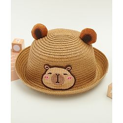 Babyhug Straw Hat With Teddy Bear Patch & Ear Applique Brown - Diameter 16 cm
