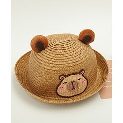 Babyhug Straw Hat With Teddy Bear Patch & Ear Applique Brown - Diameter 16 cm