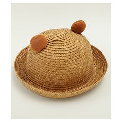 Babyhug Straw Hat With Teddy Bear Patch & Ear Applique Brown - Diameter 16 cm
