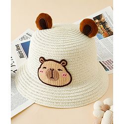 Babyhug Straw Hat With Teddy Bear Patch & Ear Applique Off White - Diameter 16 cm