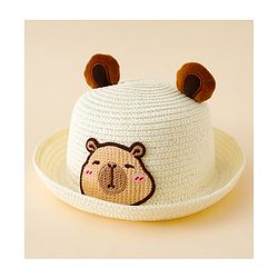 Babyhug Straw Hat With Teddy Bear Patch & Ear Applique Off White - Diameter 16 cm
