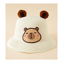 Babyhug Straw Hat With Teddy Bear Patch & Ear Applique Off White - Diameter 16 cm