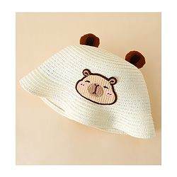 Babyhug Straw Hat With Teddy Bear Patch & Ear Applique Off White - Diameter 16 cm
