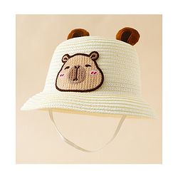 Babyhug Straw Hat With Teddy Bear Patch & Ear Applique Off White - Diameter 16 cm