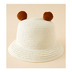 Babyhug Straw Hat With Teddy Bear Patch & Ear Applique Off White - Diameter 16 cm