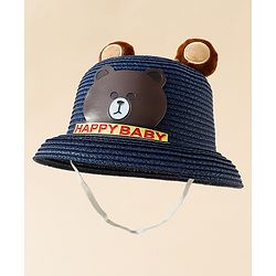 Babyhug Straw Hat With Teddy Bear Patch & Ear Applique Navy Blue - Diameter 17 cm