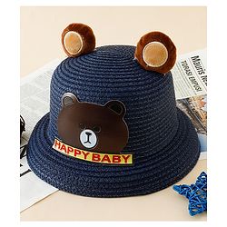 Babyhug Straw Hat With Teddy Bear Patch & Ear Applique Navy Blue - Diameter 17 cm