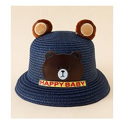 Babyhug Straw Hat With Teddy Bear Patch & Ear Applique Navy Blue - Diameter 17 cm