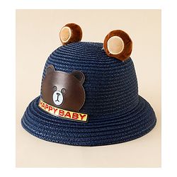 Babyhug Straw Hat With Teddy Bear Patch & Ear Applique Navy Blue - Diameter 17 cm