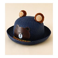 Babyhug Straw Hat With Teddy Bear Patch & Ear Applique Navy Blue - Diameter 17 cm