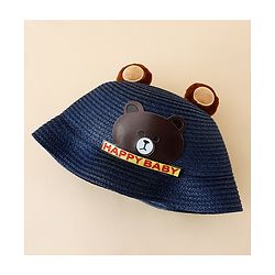 Babyhug Straw Hat With Teddy Bear Patch & Ear Applique Navy Blue - Diameter 17 cm