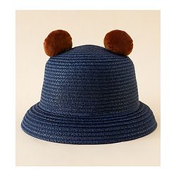 Babyhug Straw Hat With Teddy Bear Patch & Ear Applique Navy Blue - Diameter 17 cm