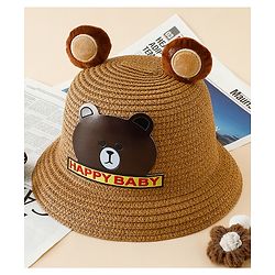 Babyhug Straw Hat With Teddy Bear Patch & Ear Applique Navy Blue - Diameter 17 cm