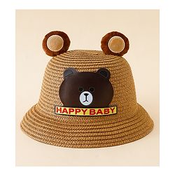 Babyhug Straw Hat With Teddy Bear Patch & Ear Applique Navy Blue - Diameter 17 cm