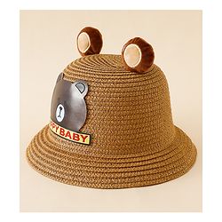 Babyhug Straw Hat With Teddy Bear Patch & Ear Applique Navy Blue - Diameter 17 cm