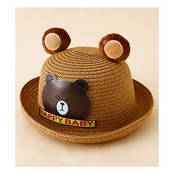 Babyhug Straw Hat With Teddy Bear Patch & Ear Applique Navy Blue - Diameter 17 cm